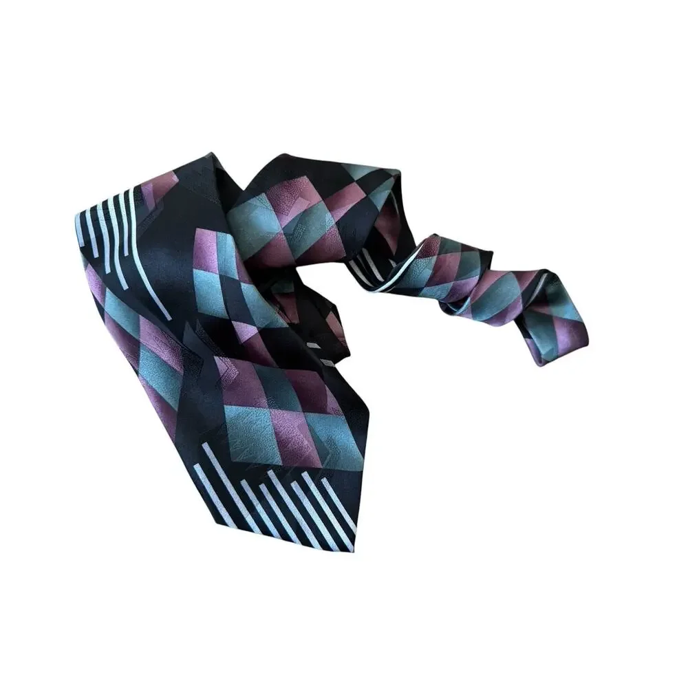 J.T. Beckett Silk Long Tall Tie Geometric Abstract Black Teal‎ Purple Striped